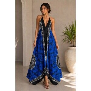 100% Silk Halter Maxi Dress Blue Black White Open Back Resort Free Size